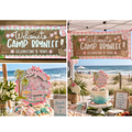 A four-panel collage showcasing beach-themed party decorations, including a 'Welcome to Camp Brynlee' banner in two color variations, a matching cake topper, and a 'Beach Vibes & Birthday' sign styled on a beach and at a dessert table.
