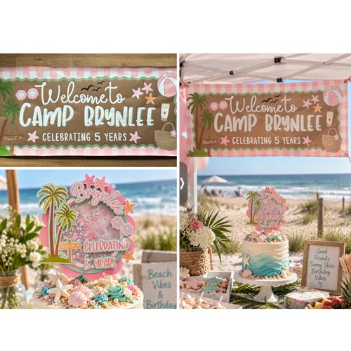 A four-panel collage showcasing beach-themed party decorations, including a 'Welcome to Camp Brynlee' banner in two color variations, a matching cake topper, and a 'Beach Vibes & Birthday' sign styled on a beach and at a dessert table.
