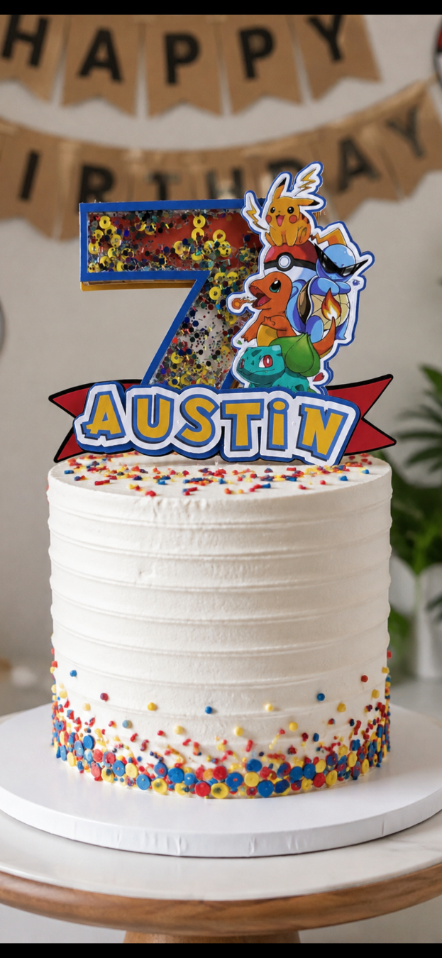 shaker cake topper with the name Austin and characters on the side and colors red, blue, black and yellow