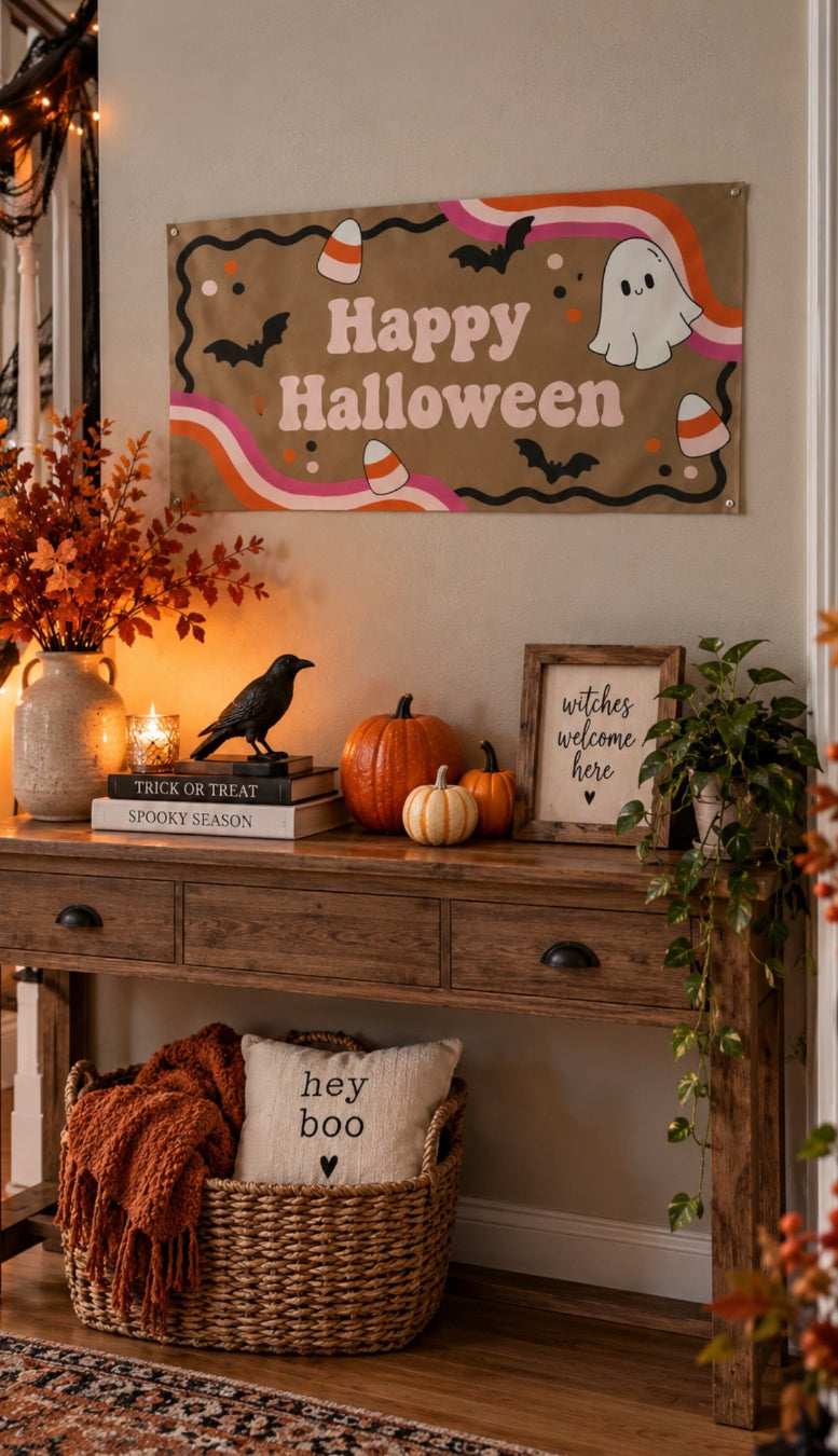 Happy Halloween pink and orange banner on the wall hanging over an entry table with fall elements