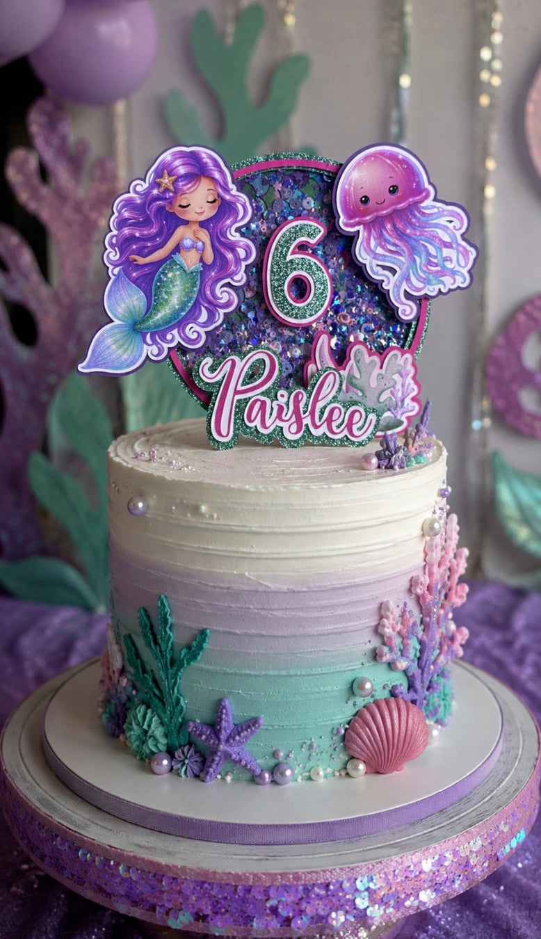 A mermaid-themed birthday cake with a purple and teal gradient, decorated with sea urchins, coral, a pink seashell, and a custom topper featuring a mermaid, octopus, the number 6, and the name 'Parlee'.
